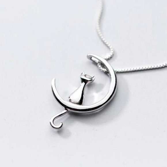 NEW 925 Sterling Silver Cat Moon Necklace - Picture 3 of 8